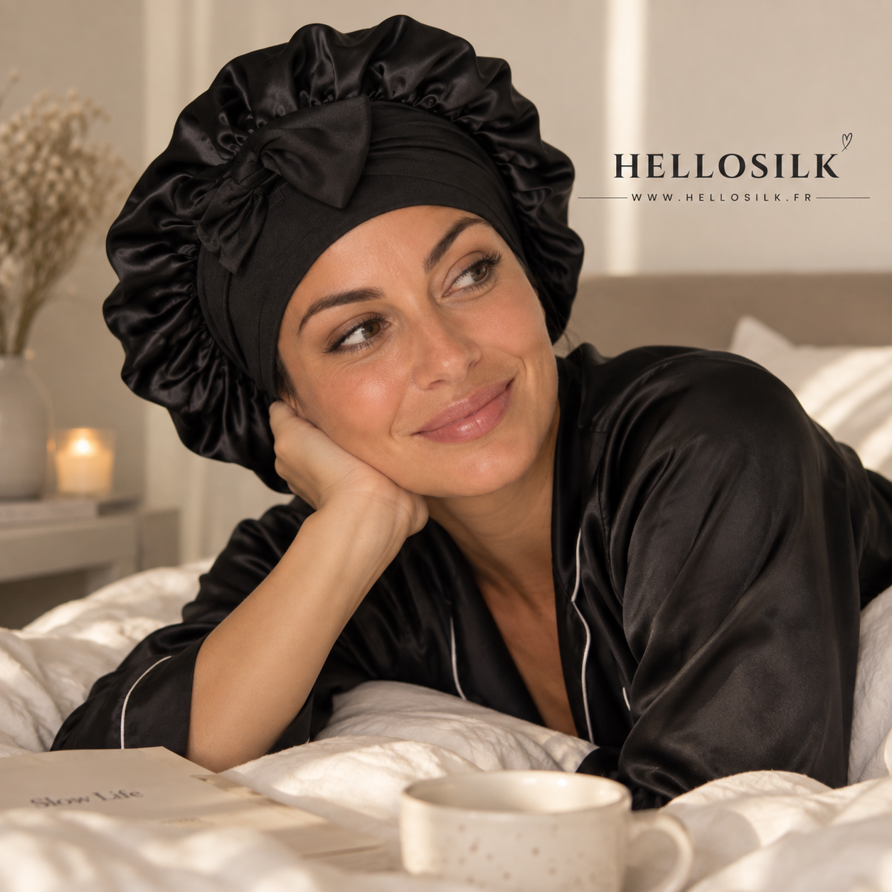Bonnet de nuit en soie de mûrier 100% - Protection des cheveux