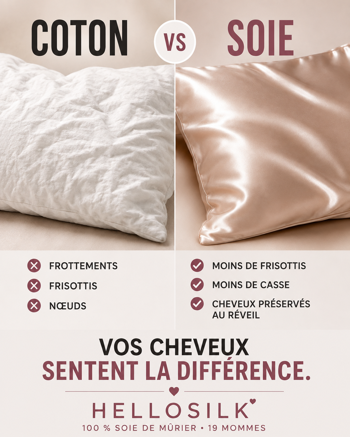 Taie d'oreiller 100% soie de mûrier : Santé des cheveux et de la peau.