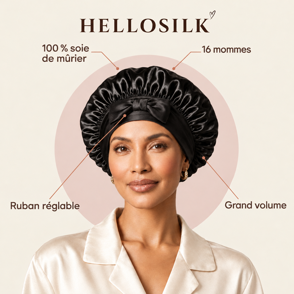 Bonnet de nuit en soie noir : 100 % soie de mûrier, 16 mommes, ruban réglable, grand volume