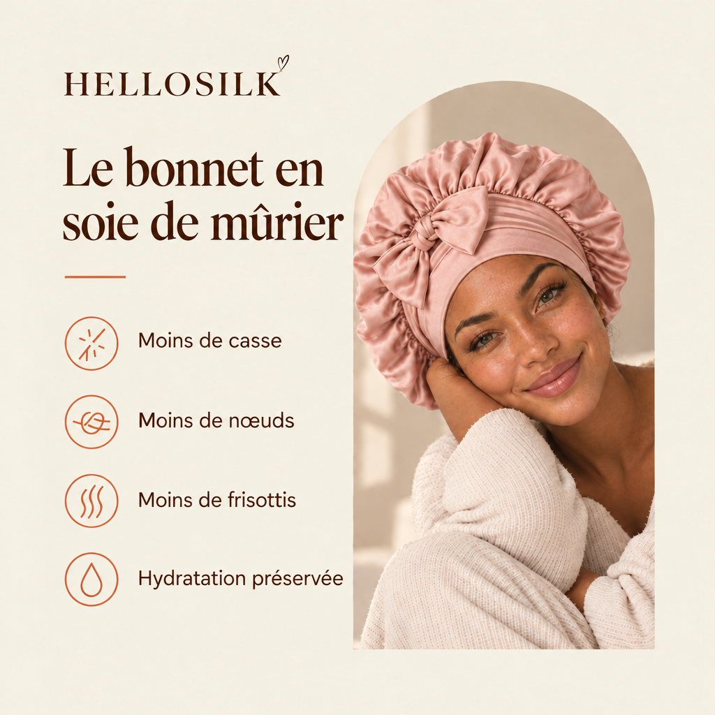 Bénéfices du bonnet en soie de mûrier : moins de casse, de nœuds, de frisottis, hydratation préservée