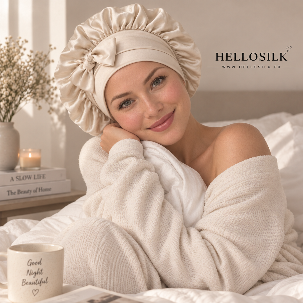 Femme portant le bonnet de nuit en soie de mûrier beige